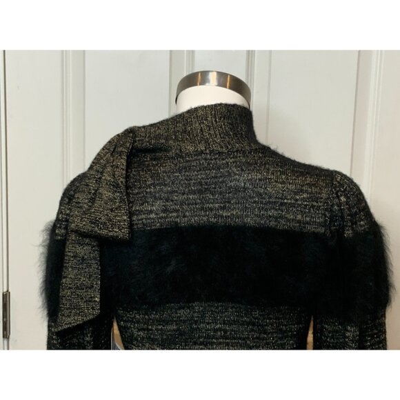 Ulla Johnson Metallic Gold & Black Cashmere Sweater W/ Rabbit Fur Trim, Size P - Picture 7 of 9